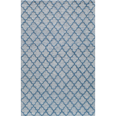 Tapis bleu en laine / coton touffeté à la main à motif géométrique