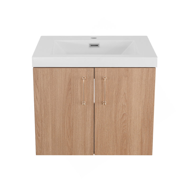 24 Inch Modern Bathroom Vanity With Sink, Wall Mounted Floating Cabinets Doors, Gold Handles, White Resin Sink Combo Set