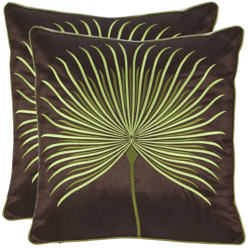 Green Embroidered Tropical Leaf Square Throw Pillow Set
