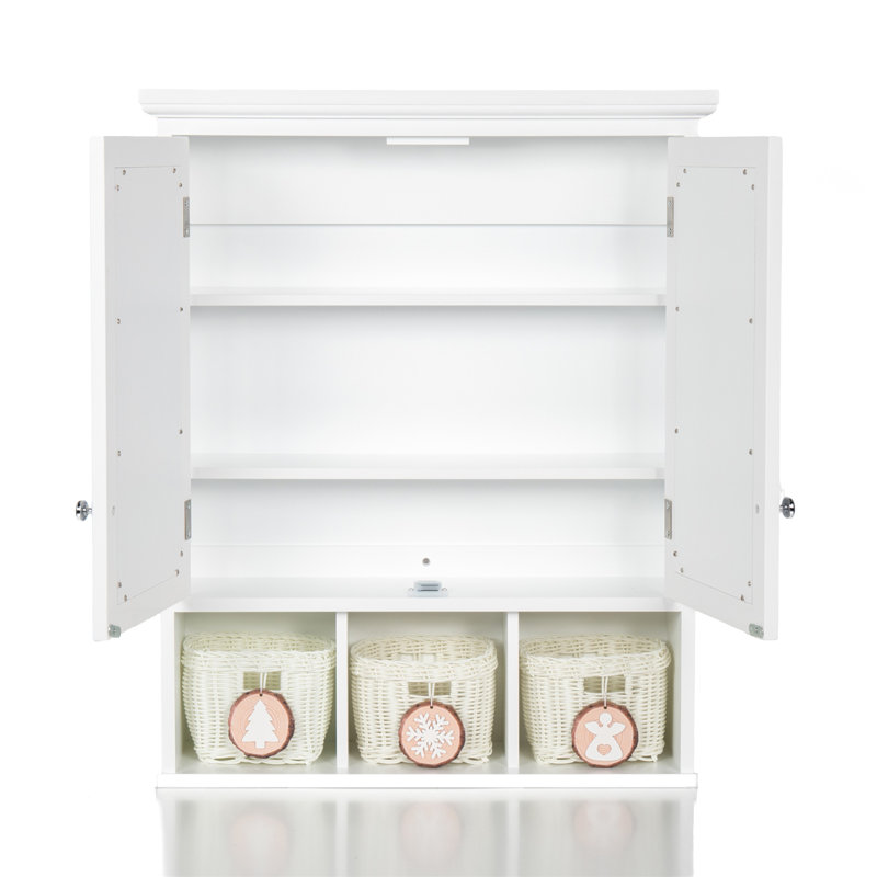 Bathroom Storage Cabinet, Medicine Cabinets for Bathroom with Mirror, 2 Doors 2 Adjustable Shelf + 3 Christmas Style Storage Basket, White Wood Cabinet Wall Mounted for Bathroom Laundry Room Kitchen