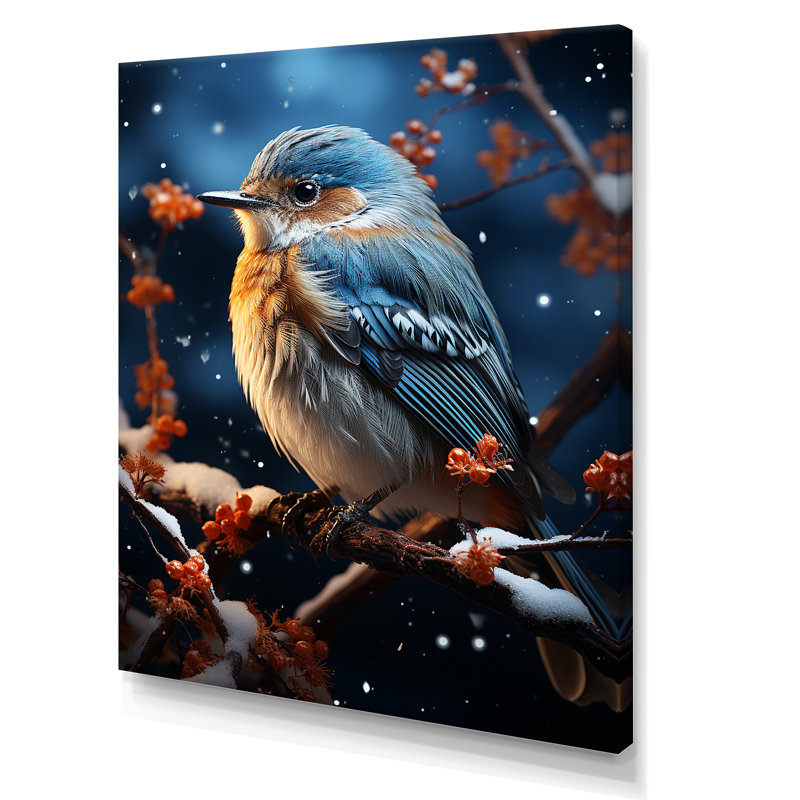 Oiseau bleu en hiver sérénité III - oiseau, art mural, H 20 po x l 12 po x P 1 po, Toile tendue
