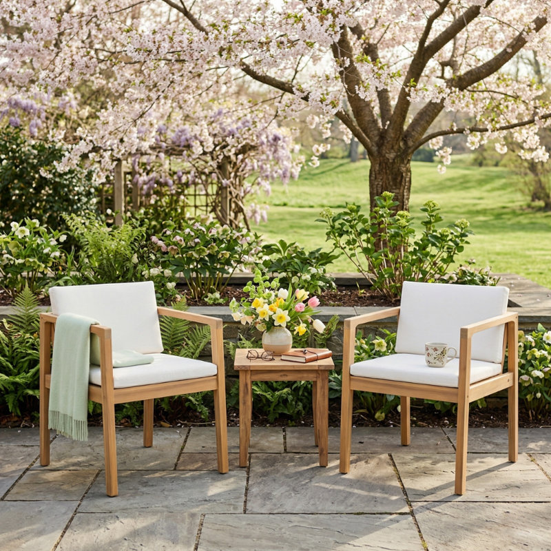Chaises de salle à manger d'extérieur modernes en bois d'acacia avec coussins Fere, 2