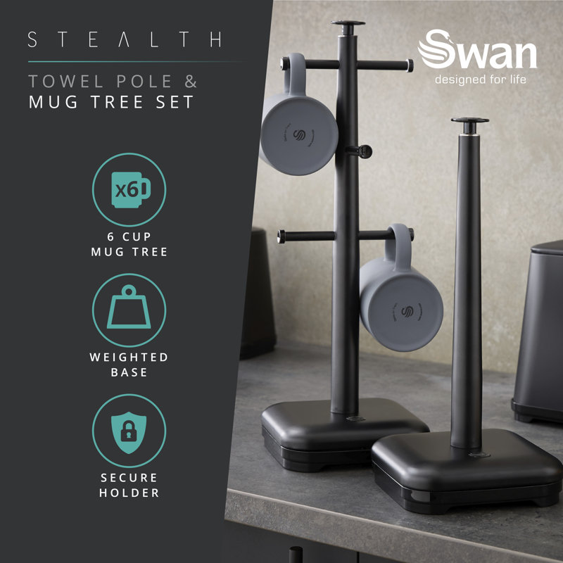 Swan SWKA18522BLKN Stealth Towel Pole & Mug Tree Set, Weighted Base, Scratch Resistant Base, Black