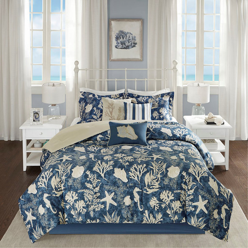 Ensemble d'édredon en satin de coton 7 pièces grand bleu, Grand édredon et 6 pièces supplémentaires, Bleu / blanc