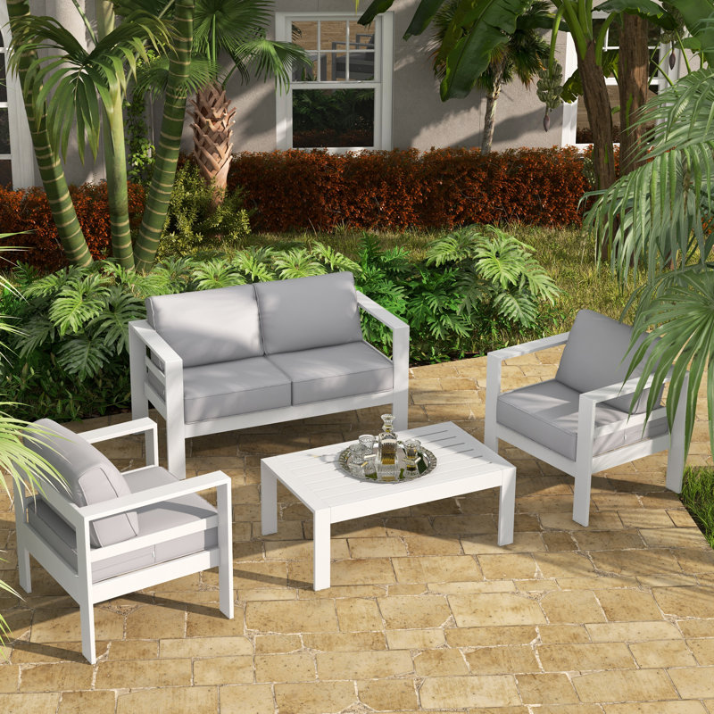 Conversation set with sofa for 4 people with cushions, Light Gray, White