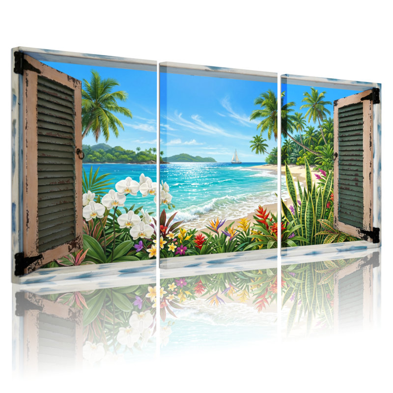 Paysage et nature Scène de plage tropicale avec palmiers et fleurs, H 18 po x l 36 po