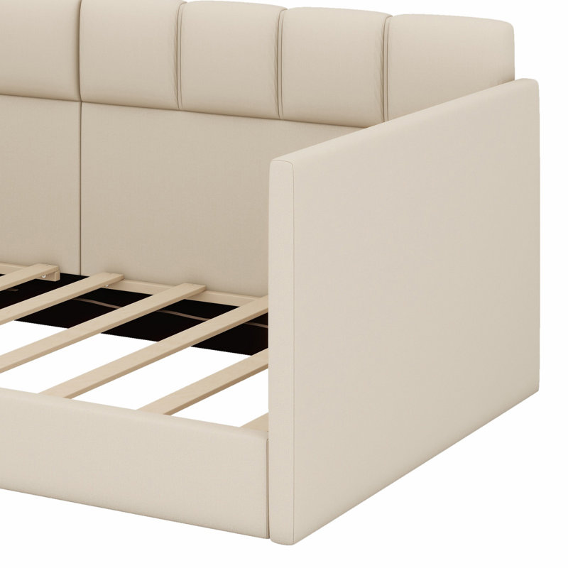 Lit de jour rembourré Comfort avec panneaux latéraux hauts, entrée latérale et poches de rangement, Lit simple, Beige