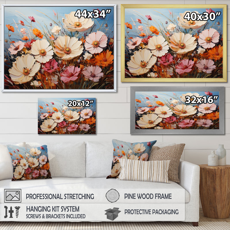 «White Pink Wildflowers Natures Symphony I», reproduction d'art sur toile, H 30 po x l 40 po x P 1,5 po, Cadre flottant doré