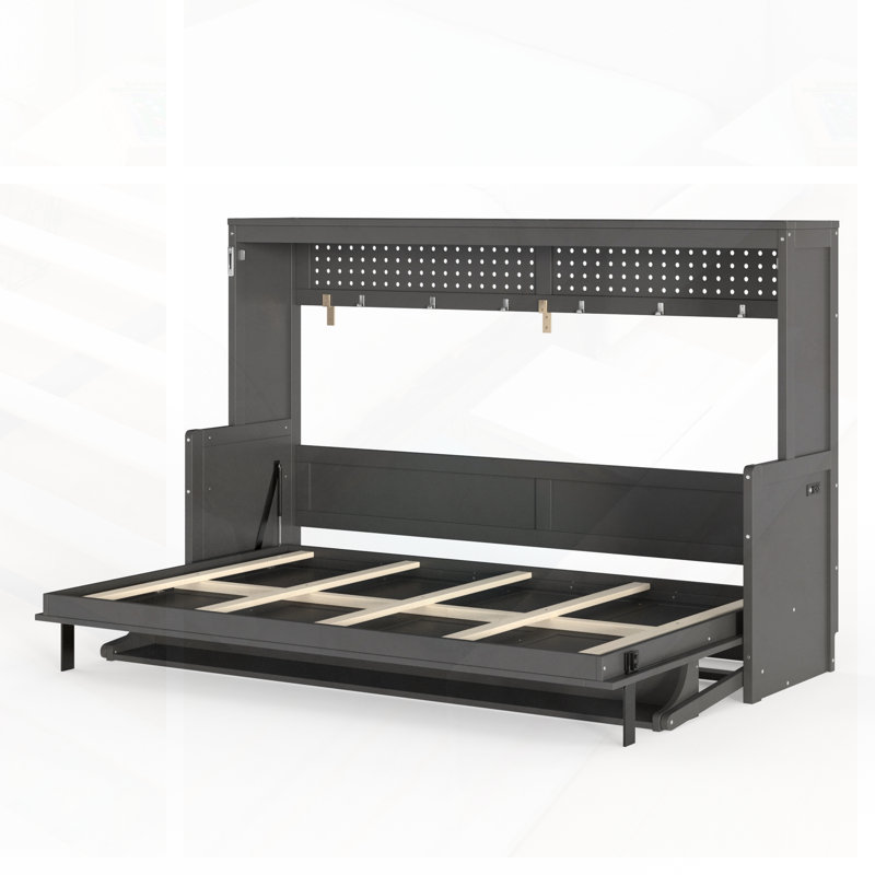 Lit escamotable double avec bureau, charge USB et lumières à DEL pour une efficacité accrue, Gris foncé