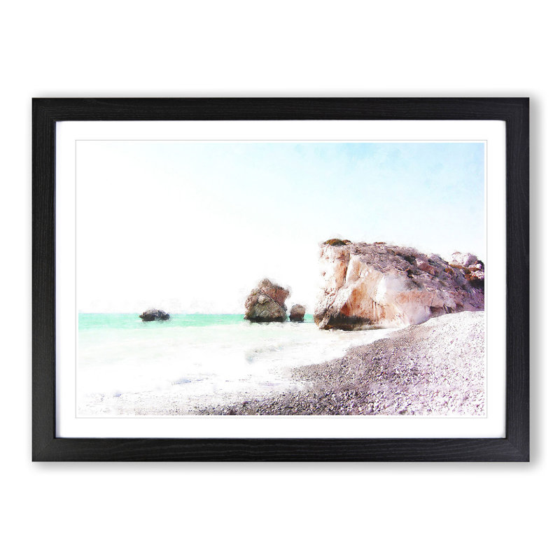 White Sand Beach in Cyprus - Picture Frame Painting Print on MDF, 62cm H x 87cm W x 2cm D, Black Framed
