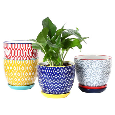 Ceramic Plant Pots, 5.6 Inch Flower Planters With Drainage Holes And Saucers, Set Of 4, Assorted Colors