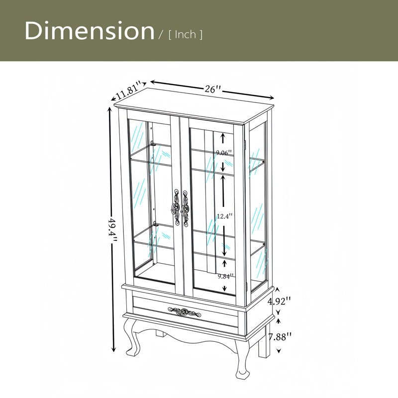 Lighted Glass Display Cabinet Glass Wine Cabinet Curio Display Cabinet With Adjustable Glass Shelves Two Doors And One Drawer Bulb Included For Home Decor And Storage