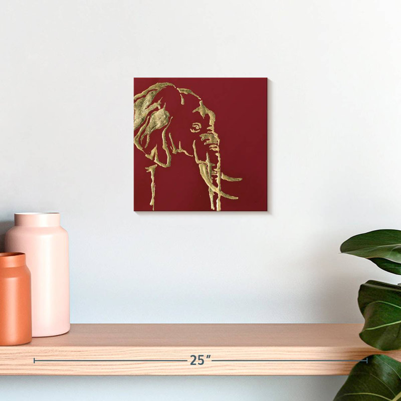Éléphant doré Brampt sur fond rouge, H 10 po x l 10 po