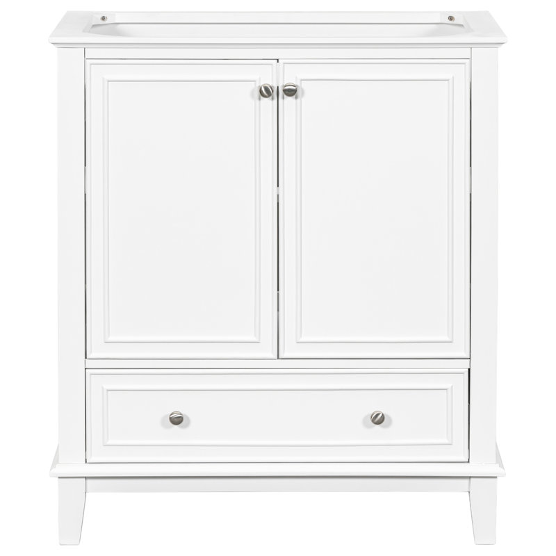 Base de meuble-lavabo de 30 po seulement - Blanc, style moderne avec portes et tiroir, bois massif et planche, tablette réglable, base blanche à assemblage requis, tiroir d'armoire pour le rangement,