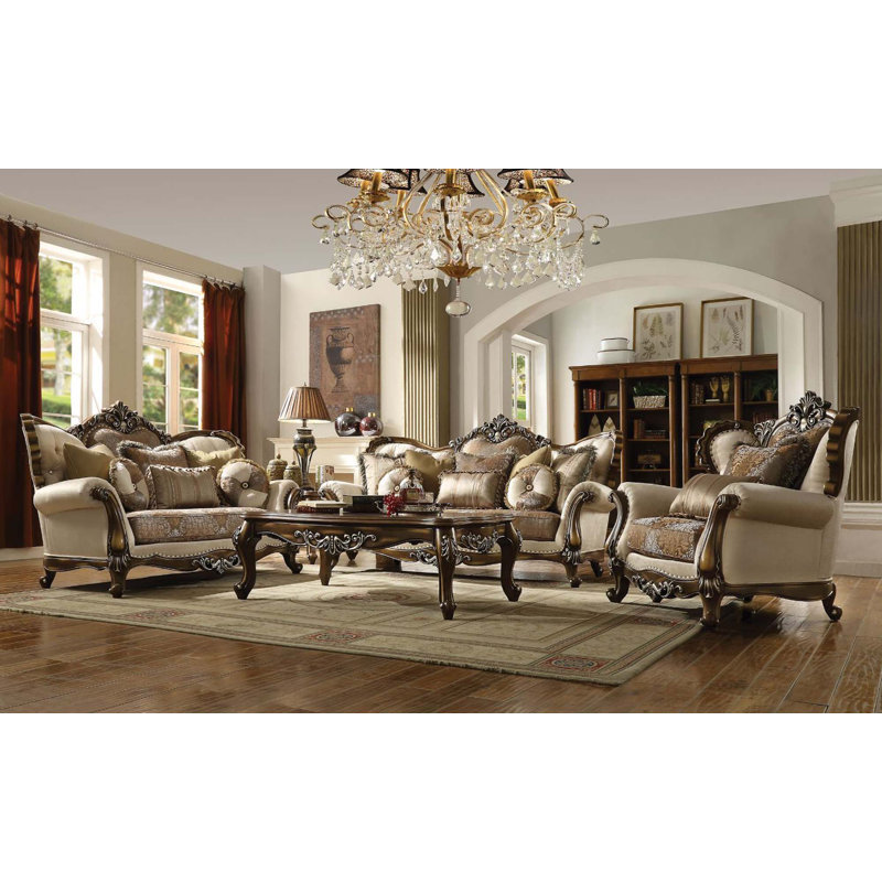 Latisha Tan Pattern Fabric Sofa with Antique Oak Frame