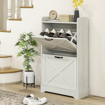 Slim Shoe Cabinet For Entryway, 2 Drawers & Adjustable Shelves, Accommodates 8 Pairs, Distressed White Look Storage Hidden With Fits