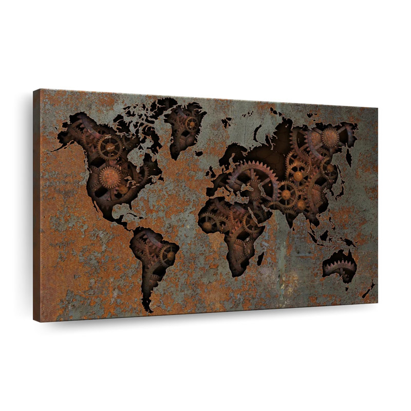 Carte du monde Steampunk - impression sur toile tendue, H 24 po x l 36 po x P 1,25 po