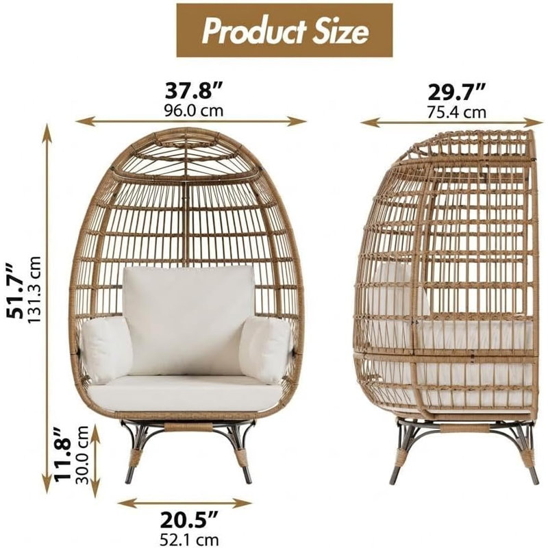 Egg Chair, Rattan Swivel Base, Cushion & Pillow for Garden Balcony, White