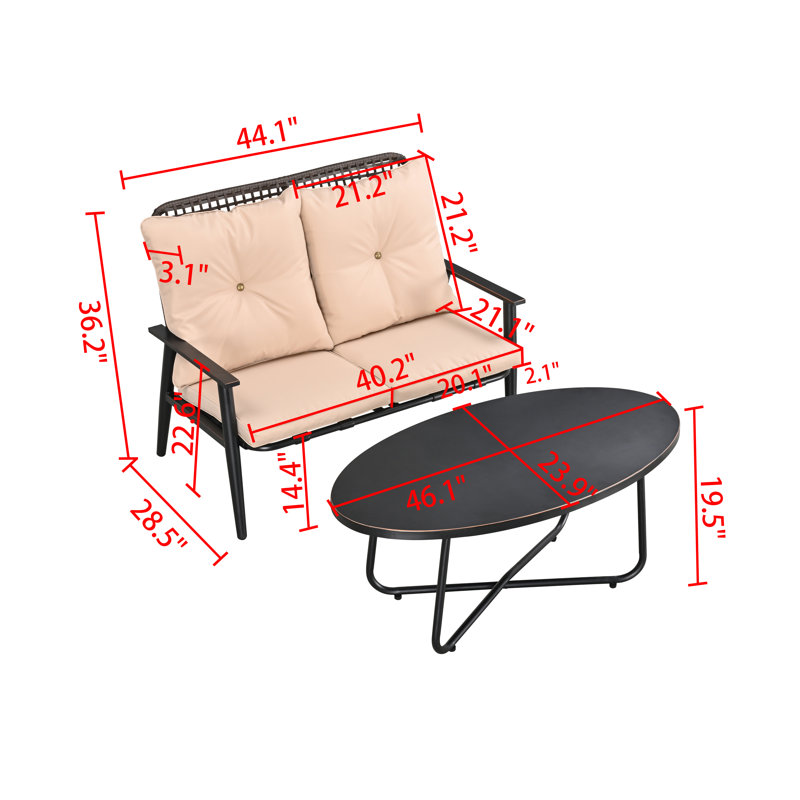 2-Piece Outdoor Loveseat & Coffee Table Set With Cushions, Beige