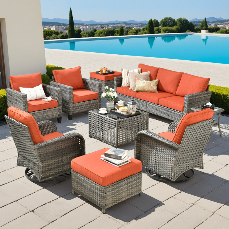 9 - Person Patio Furniture Set With Swivel Rocker, Outdoor Wicker Rattan Seating Group With Cushions, All Weather Sofa Conversation Set With Led Lighted Coffee Table For Garden Backyard