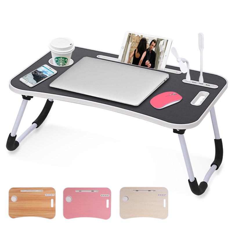 Laptop Bed Desk, Portable Foldable Laptop Table With Usb Charging Port, Pad & Cup Holde, Storage Drawer, Black