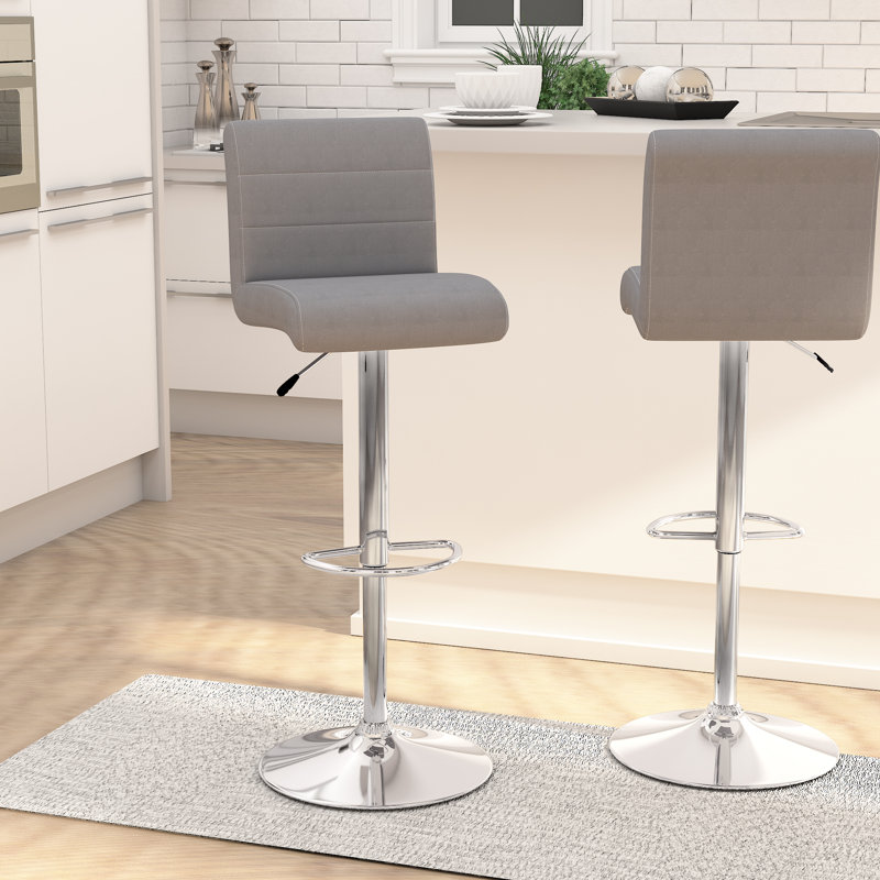 Nusbaum Vinyl Adjustable Height Barstool with Rolled Seat and Chrome Base, Gray