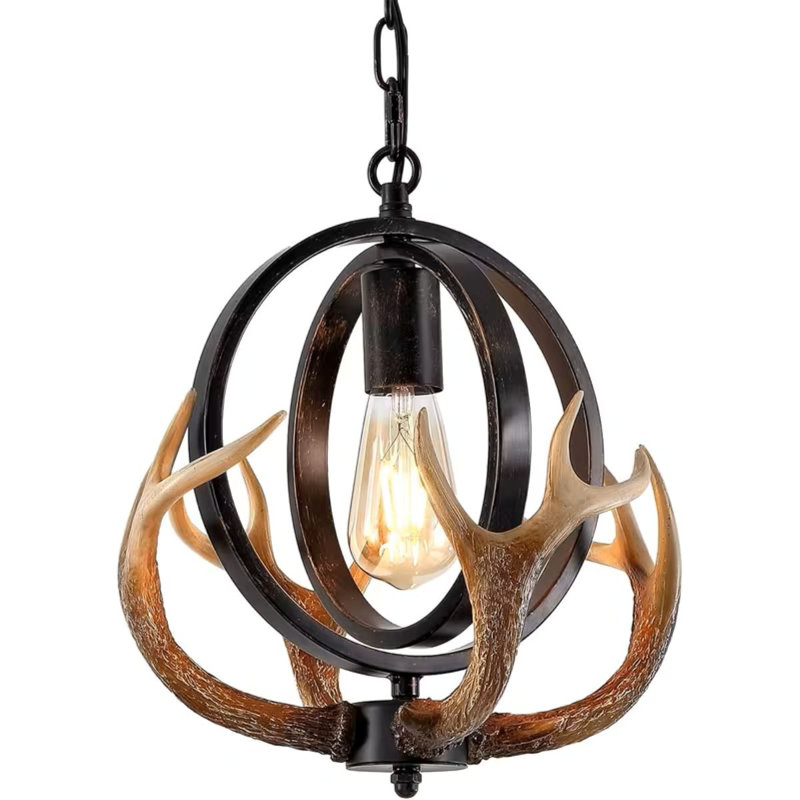 Rustic Style Antler Pendant Light, Globe Design, E26 Base, Brown Finish, Ideal For Kitchen & Dining Room