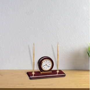 Rosewood Executive Desk Set Tabletop Clock, High-Gloss Wood Base with Two Brass Pens, Roman Numeral Dial, Engravable Brass Plate