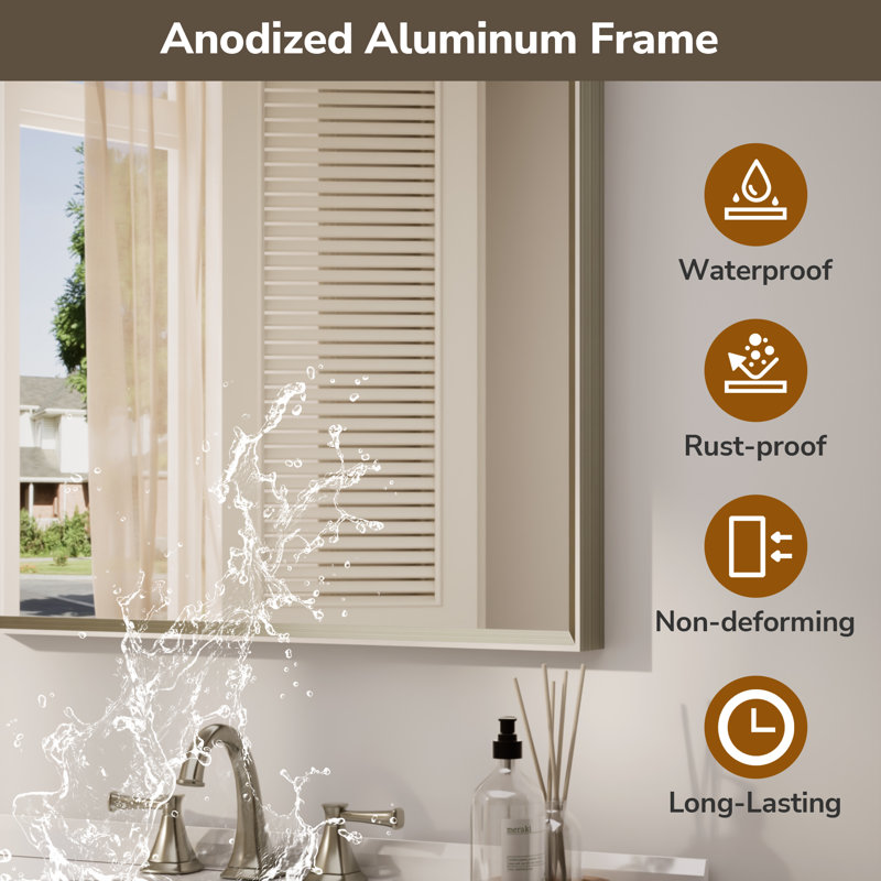 Bathroom Vanity Mirror with Aluminum Frame and Tempered Glass, Rectangle, 42" x 36", Brushed Nickel