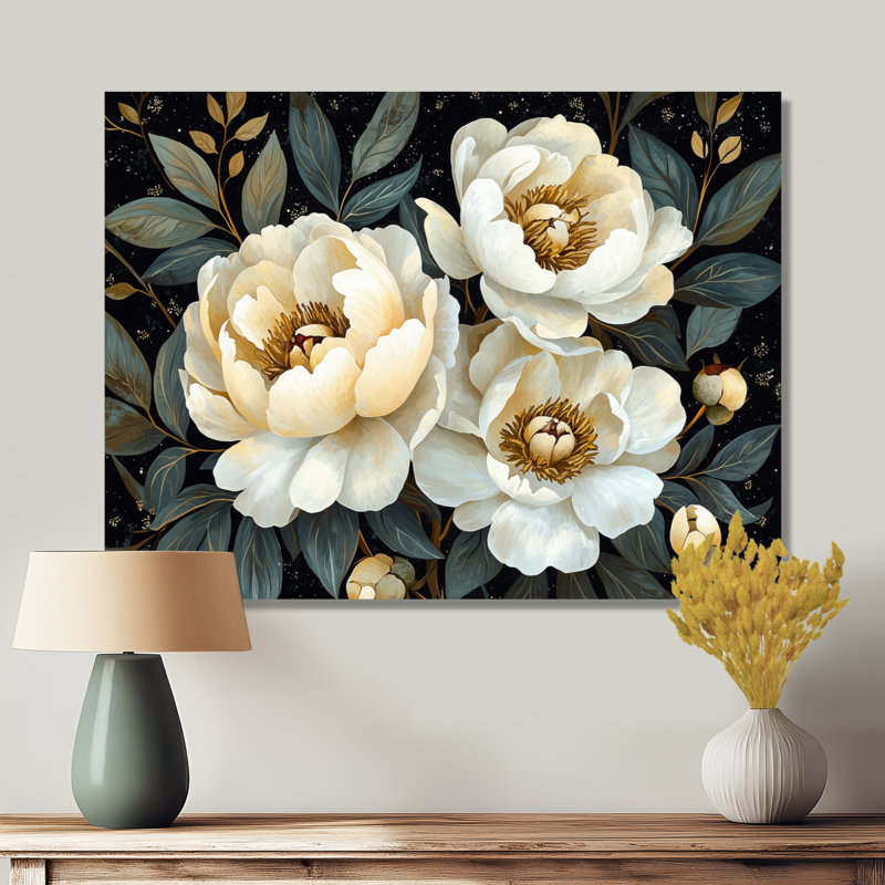 Art mural noir, noir et blanc, pivoines de minuit, H 30 po x l 40 po, Toile tendue, Ne s’applique pas
