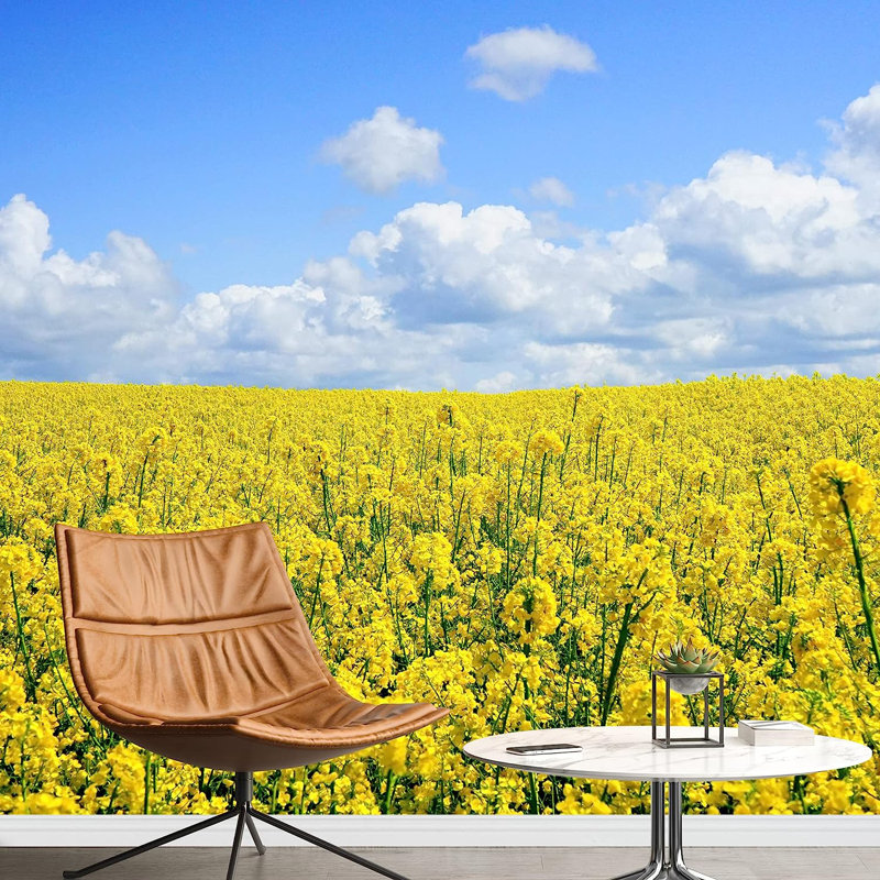Murale champ de coquelicots jaunes Country Farm, L 66 po x l 96 po