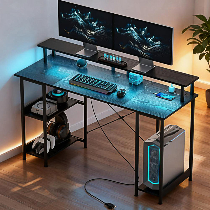 Bureau d'ordinateur avec rangement, table d'ordinateur réversible avec prises de courant et lumières DEL, Noir