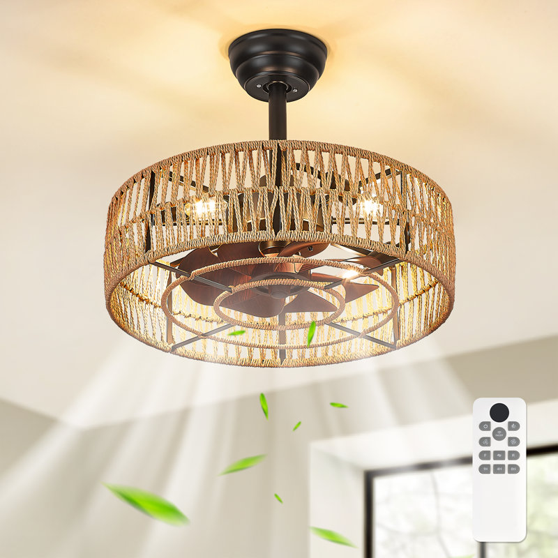 20" Farmhouse Caged Ceiling Fan Featuring A Fabric Style Light Kit And Remote Control