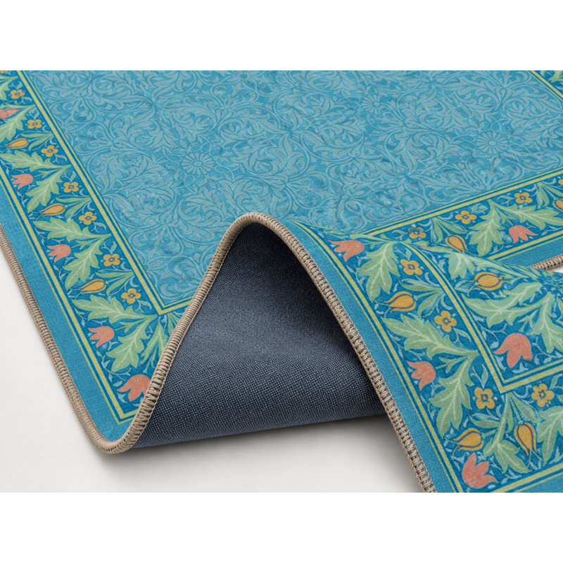 Blue Framed Pastel Painted Decorative Washable Carpet, Rectangle 2'4" x 4'
