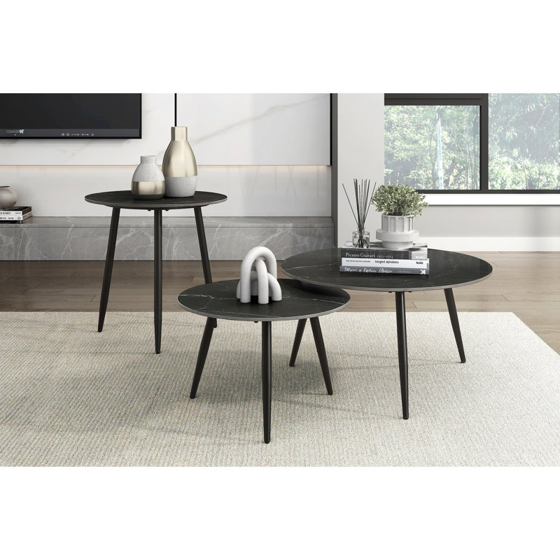 Ensemble de 3 tables gigognes et tables d'appoint de style moderne avec pieds en métal noir, Noir