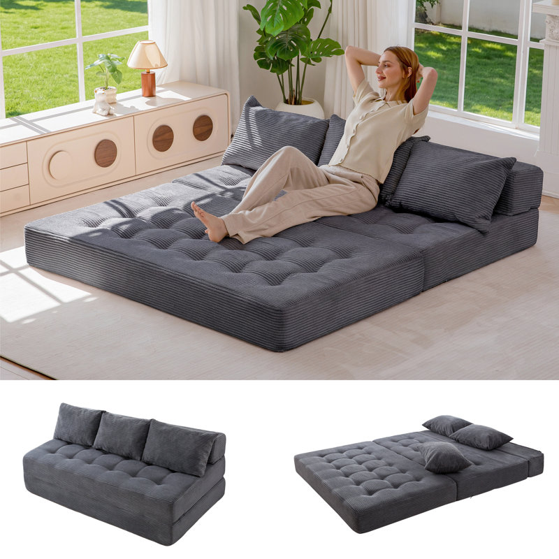 Canapé-lit 3 places pliant en velours côtelé convertible Canapé-lit pliable Matelas capitonné et confortable avec 3 coussins décoratifs