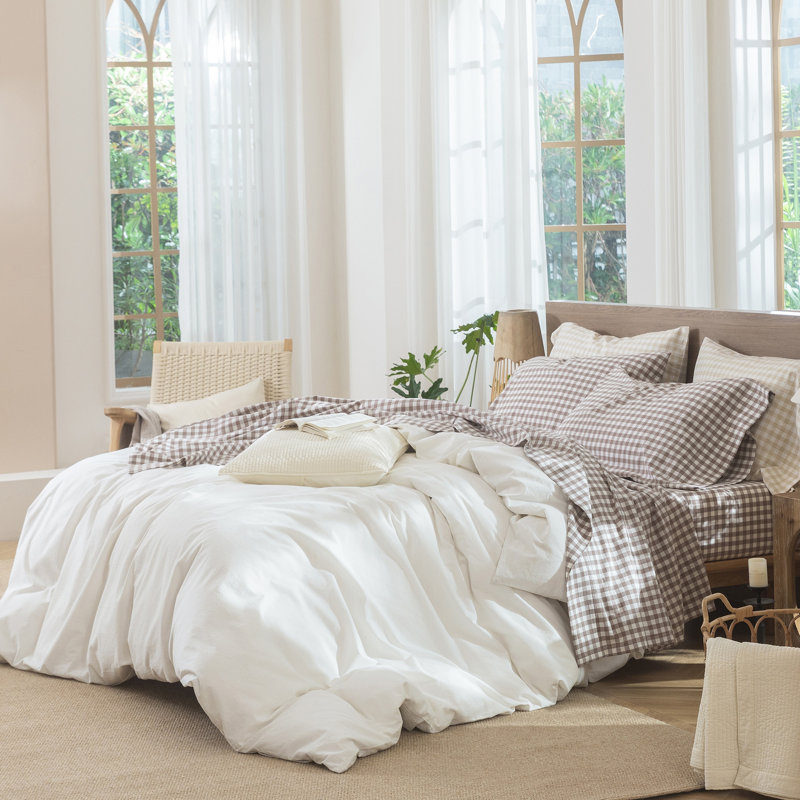 Ensemble de draps 100% coton lavé MooMee, Full Sheet Set with 2 Pillowcases, Brun