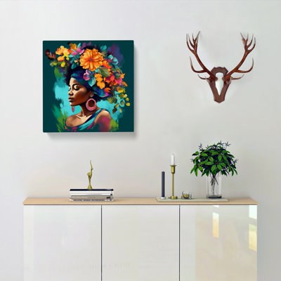 African Woman Floral Art No.5 - Wrapped Canvas - Framed Print