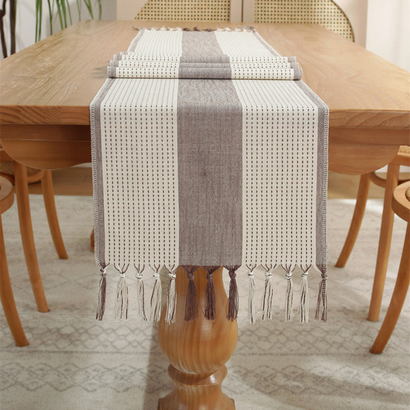 Chemin de table rustique style maison de campagne en toile de jute tressée à la main avec pampilles pour les fêtes, gris