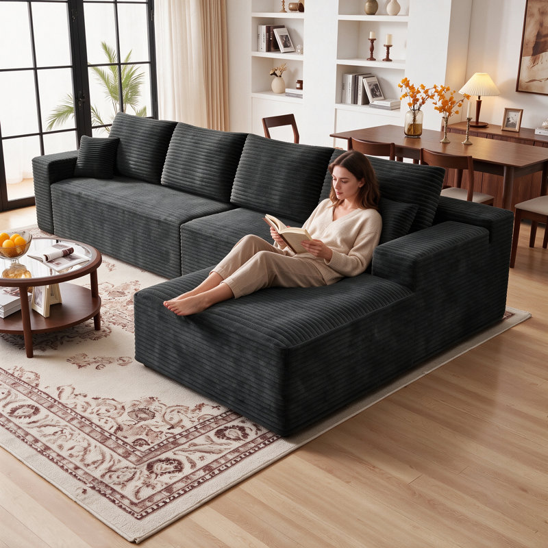 132" L-shaped Sectional Couch, Compression Sofa, Black Corduroy, Right Facing, Right Hand Facing, Black Corduroy