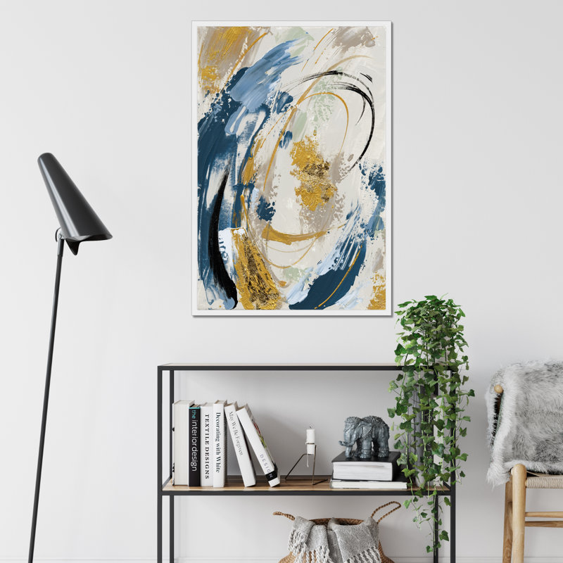 Blue Yellow Abstract - Painting, 95cm H x 65cm W x 2.3cm D, White Framed Paper Print