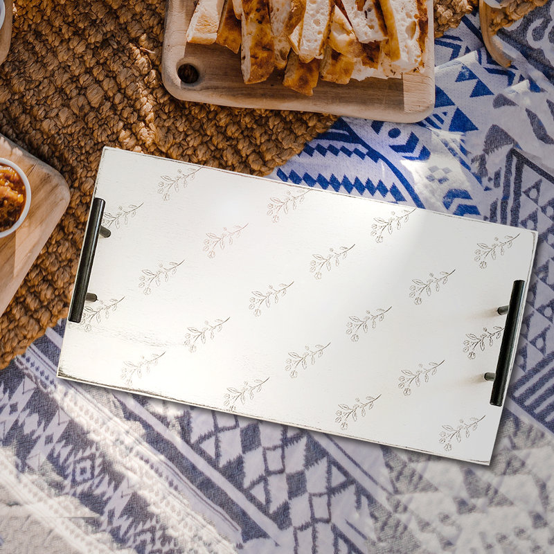 Mazella Solid Wood Serving Tray – Handmade Farmhouse Breakfast in Bed Tray with Handles, White Floral Accent