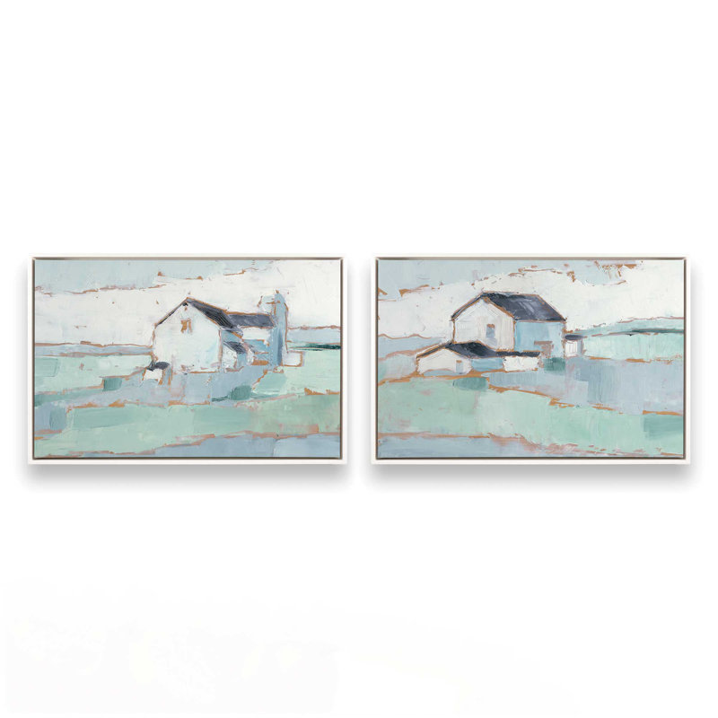 Farmhouse on Open Fields Set of 2, 25" H x 74" W, Opaque White Floater Framed