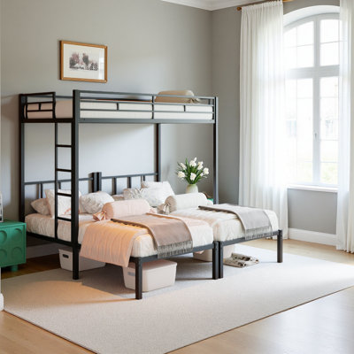 Lit superposé simple au dessus d'un lit simple, lit simple en métal avec garde-corps et échelle convertible, 3 lits convertibles, pour dortoir, chambre d'amis, aucun sommier requis