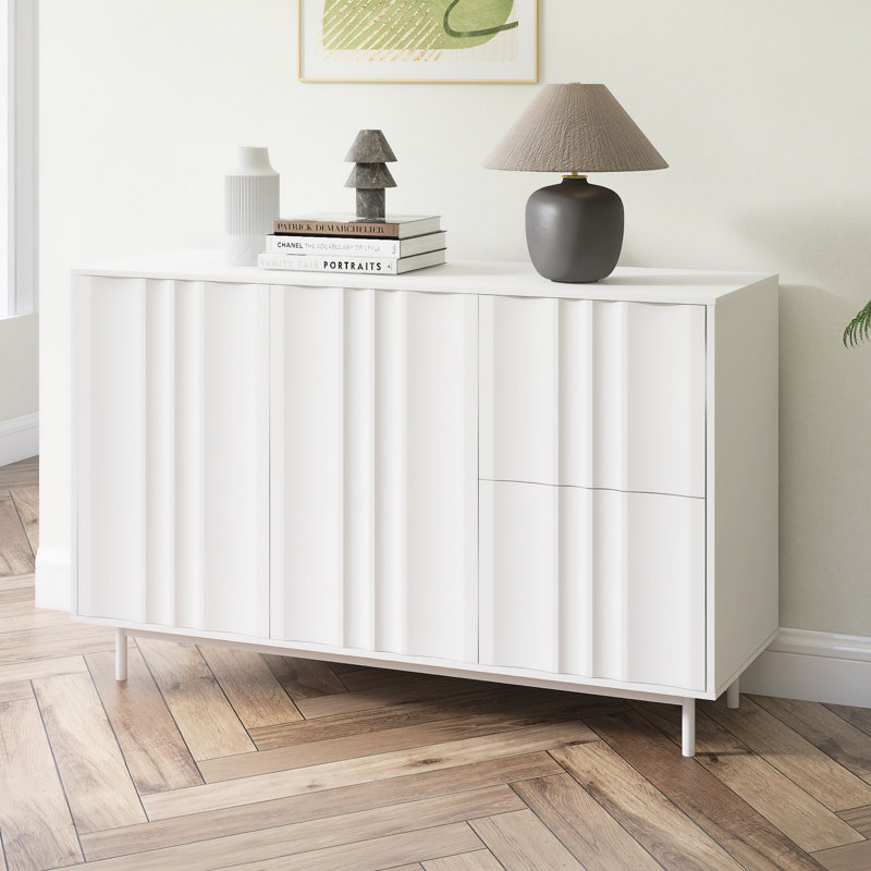 Wave Pattern Storage Cabinet With 2 Doors And 2 Drawers, White