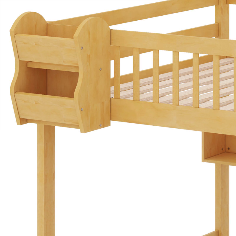 Grand lit mezzanine en bois avec garde-robe et escalier, tablettes de rangement, lit superposé multifonctionnel, Natural