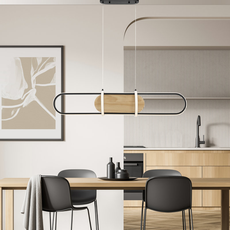 Lustre rond arrondi noir satiné et bois