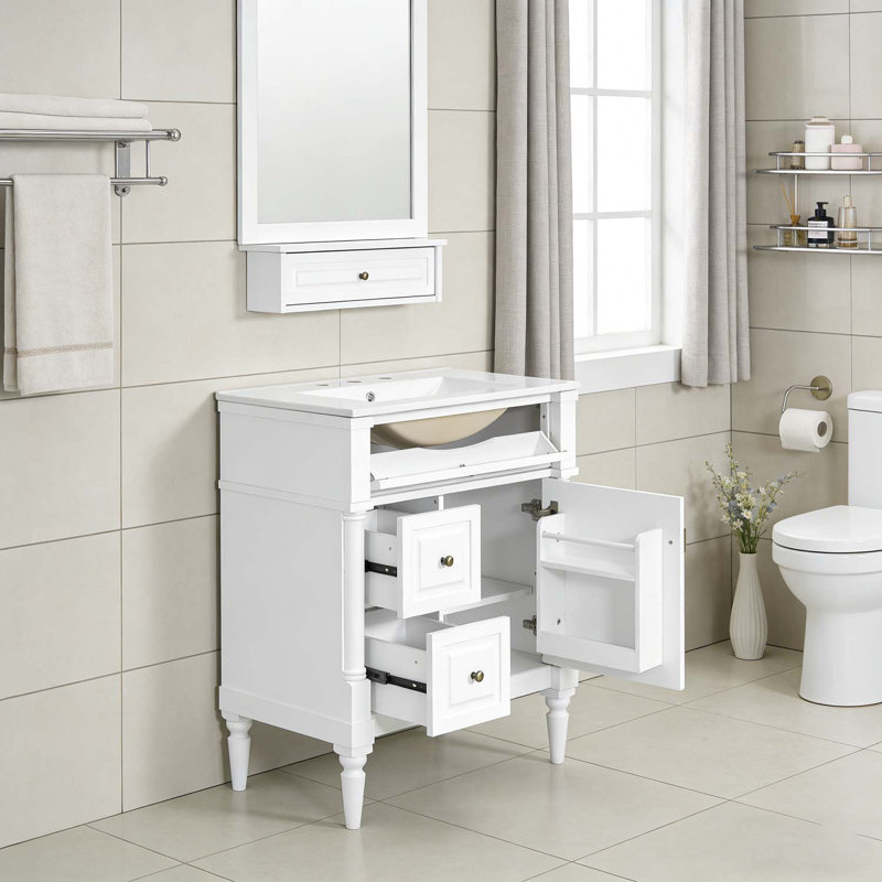 Meuble-lavabo de 30 pouces avec lavabo, tiroir rabattable et tablette réglable pour un rangement élégant, Blanc