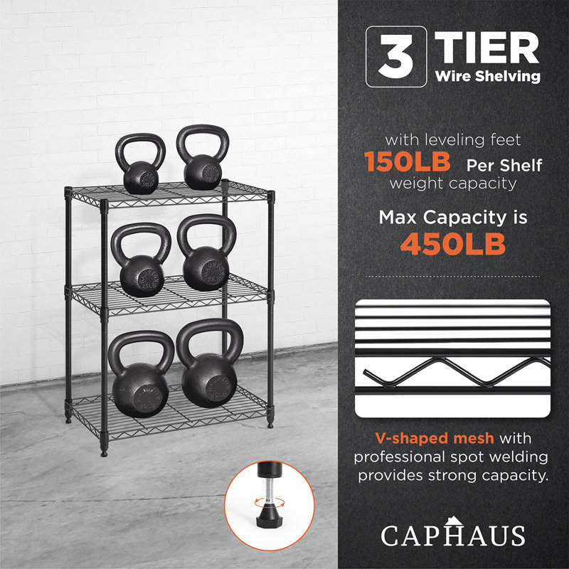 Black 3-Tier Adjustable Height Steel Wire Shelving Unit