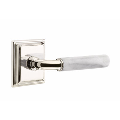 Ensemble de leviers d'intimité Emtek Select, rosette Wilshire, tige R-Bar, poignée en marbre blanc, droite